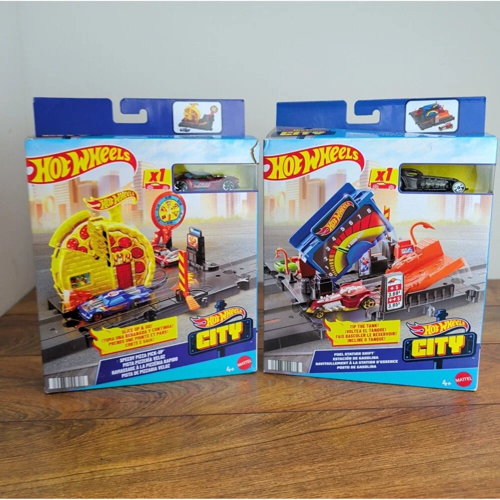 2 Hot Wheels City Track Set - Speedy Pizza Pick-up & Fuel Station Shift Play Set